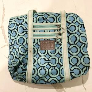 Coach Tote Bag Blue Green Signature Canvas Zip Top Shoulder Bag